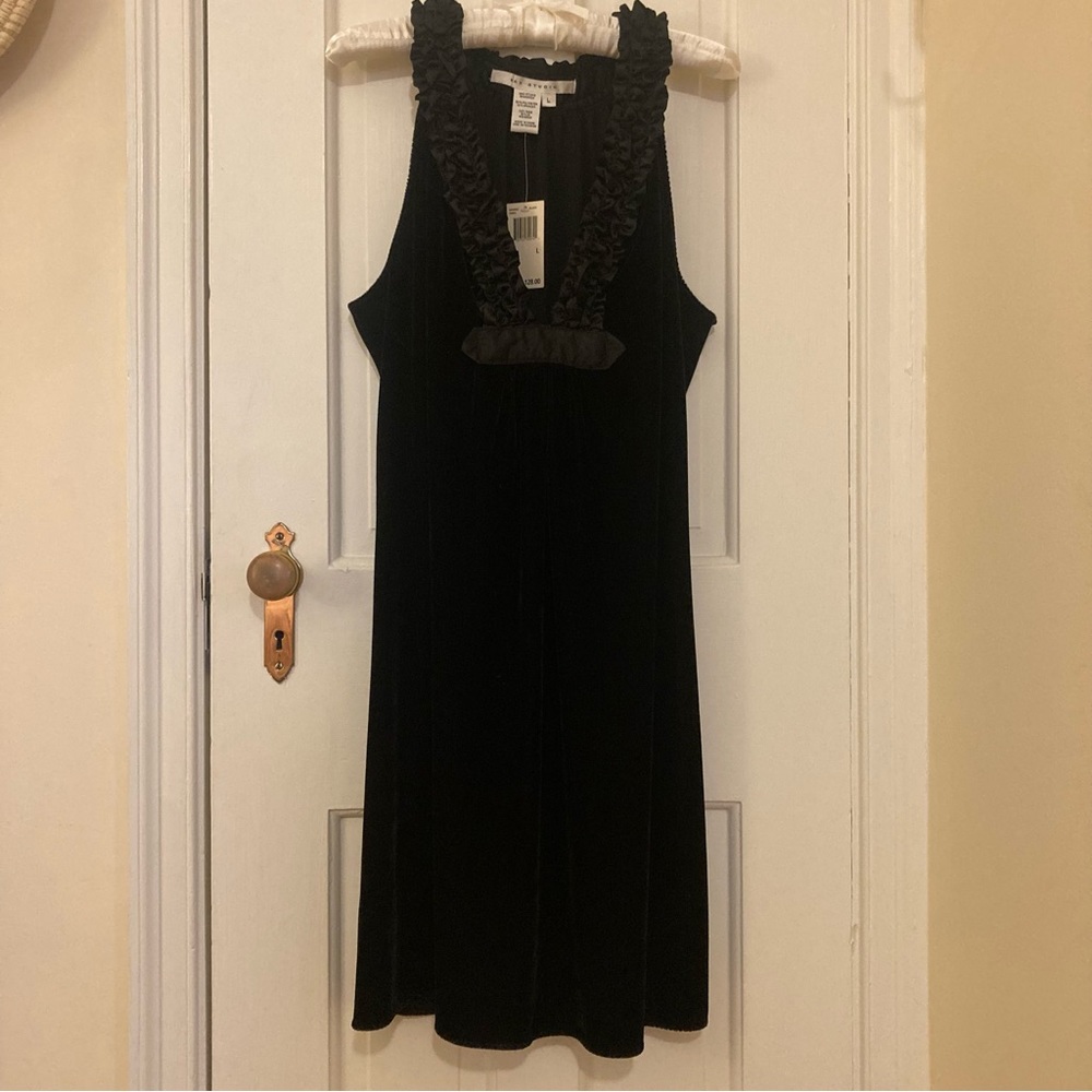 Max Studio black velvet cocktail dress with satin ruffle detail